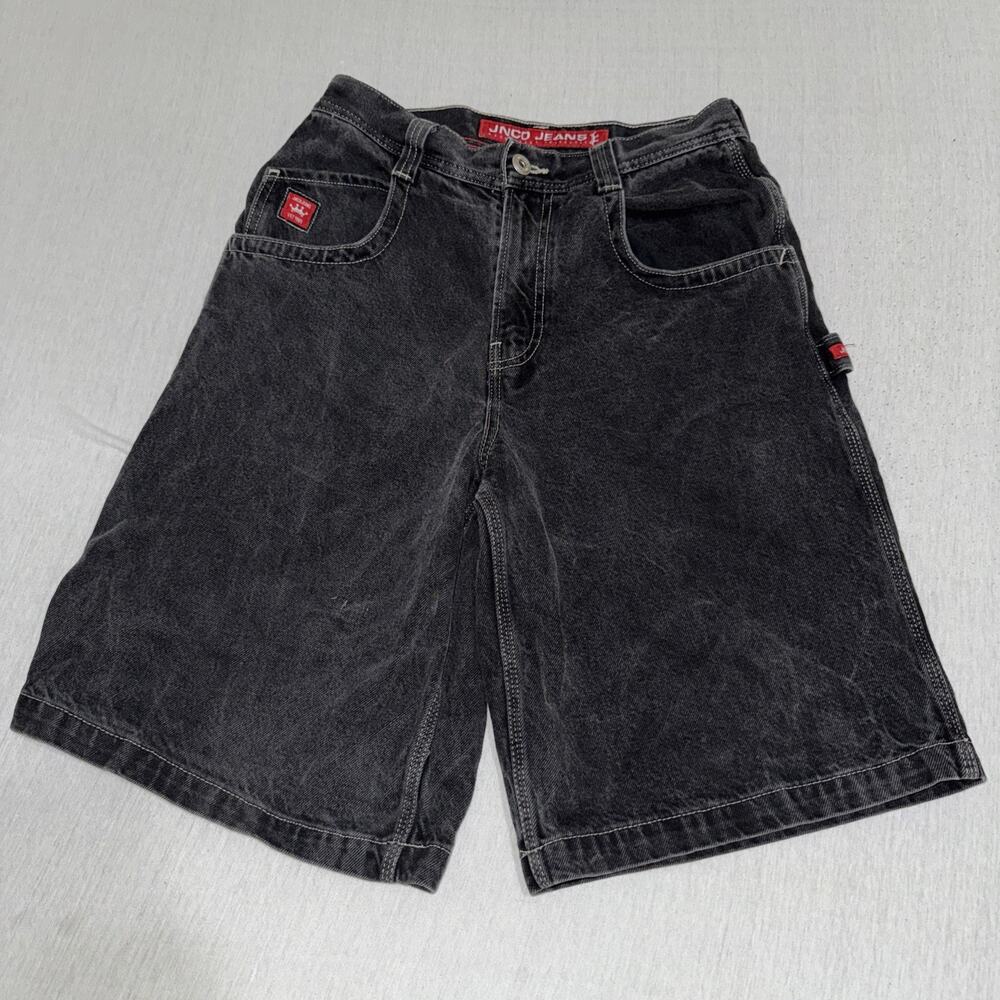 Vintage JNCO King Crown Embroidered Black Jean Shorts Size 30 Black EUC